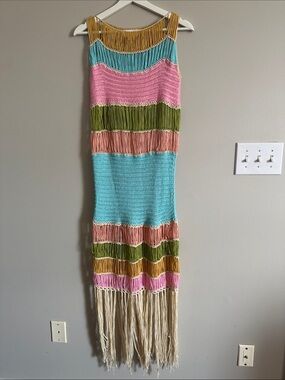Colorful Fringed Striped Knit Vacation Midi Dress